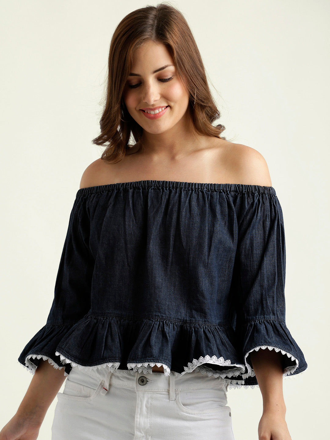 Women's Blue Denim Off-shoulder 3/4 Sleeve Gathered Lace Detailing Peplum Style Solid Bardot Top