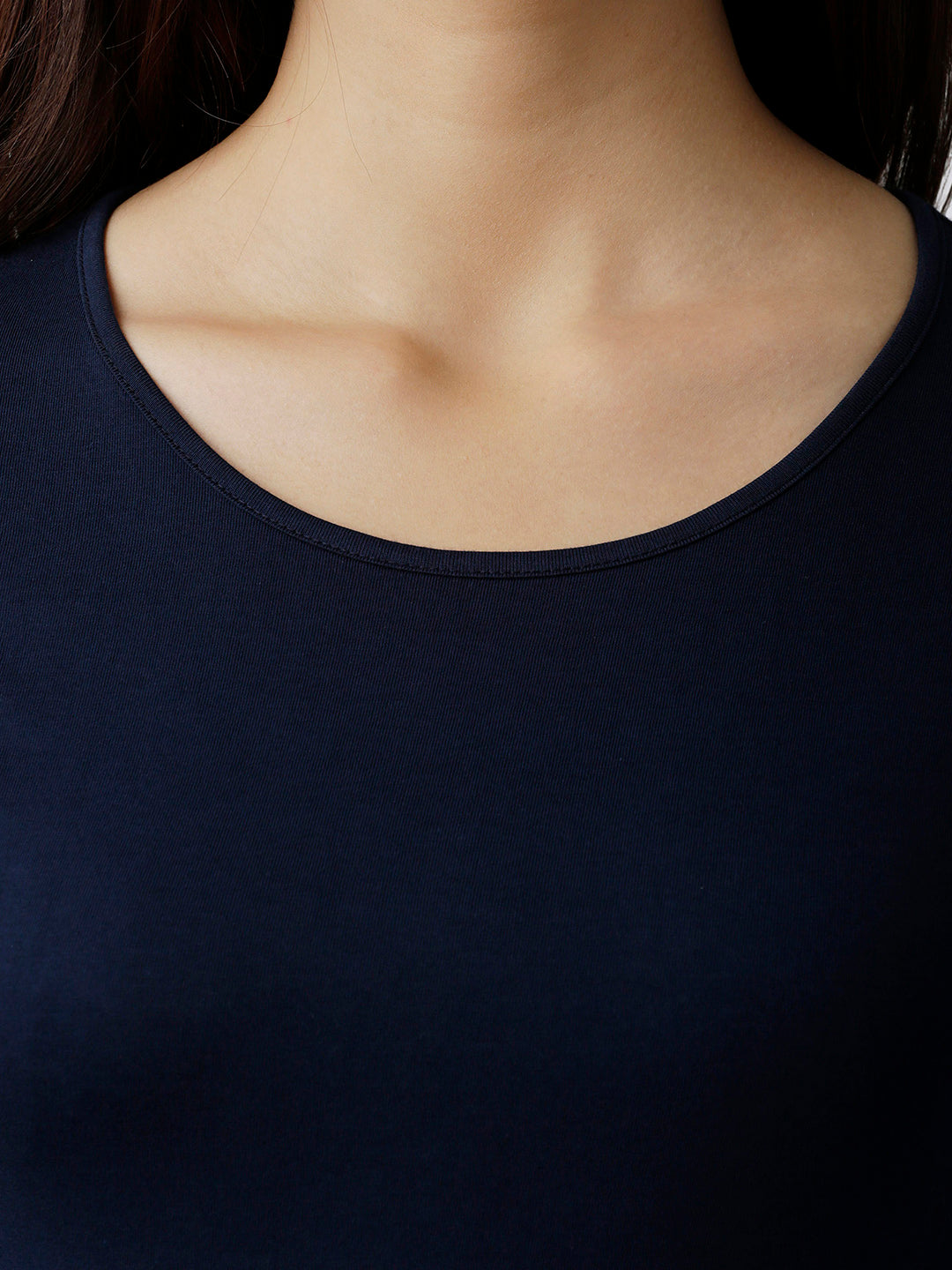 Women's Navy Blue Round Neck Half Sleeves Solid Top