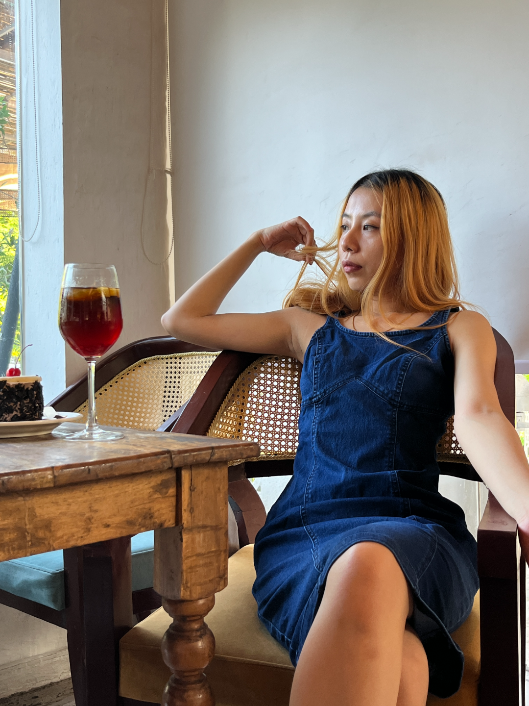 Navy Blue Scoop Neck Strappy Bustier Bodycon Midi Denim Dress For Women