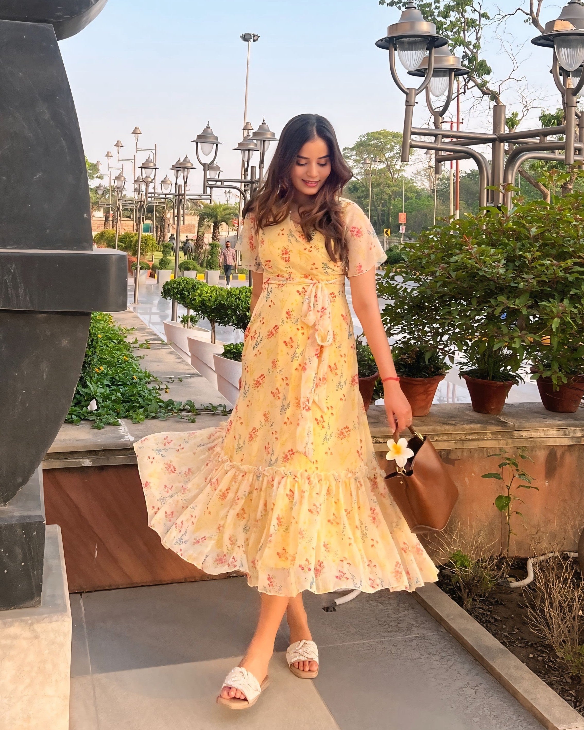Women's Multicolored-Base-Yellow V Neck Flared Sleeve Floral Wrap Maxi Dress