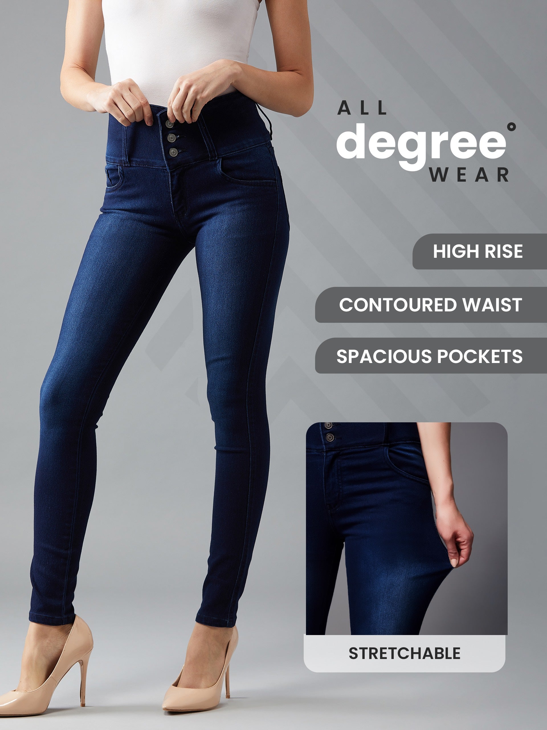 Women's Navy Blue Skinny Fit High Rise Clean Look Regular Length Stretchable High Waist Denim Jeans