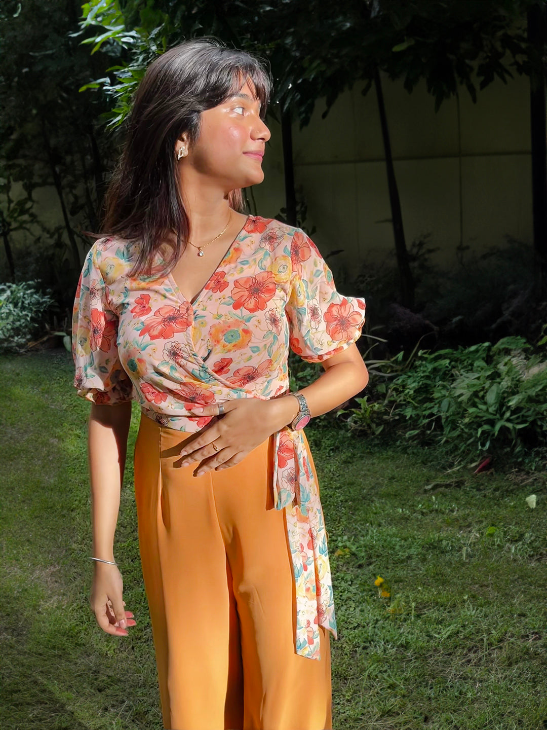 Women's Multicolored-Base-Dusty Orange V-Neck Puff Sleeve Floral Patterned Wrap Regular Georgette Jumpsuit