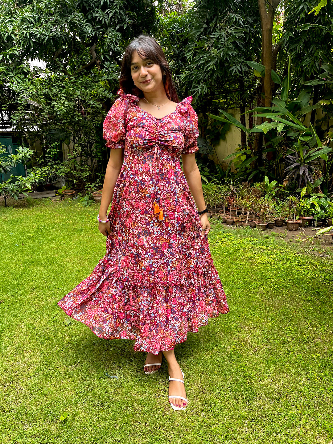 Women's Multicolored-Base-Wine V-Neck Puff Sleeve Floral Ruching Ankle-Length Dress