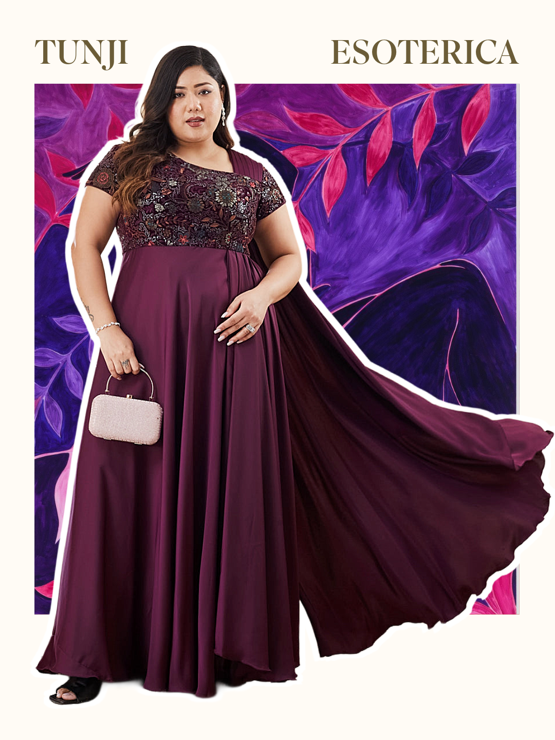 Purple Asymmetric Draped Gown in Embroidered Luxe Satin for Women