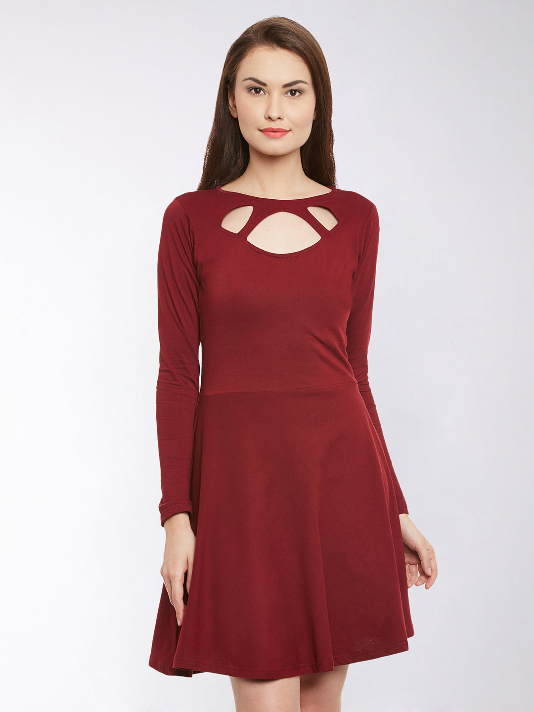 Women's Maroon Solid Full Sleeve Round Neck Mini Skater Dresses