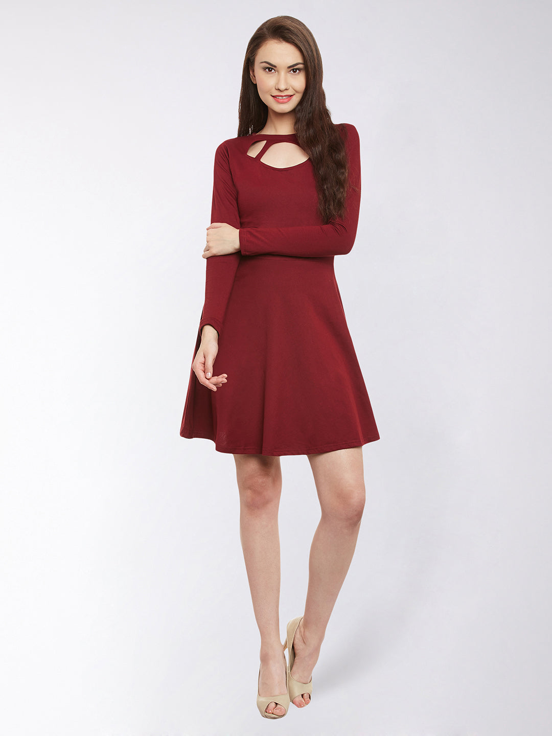 Women's Maroon Solid Full Sleeve Round Neck Mini Skater Dresses