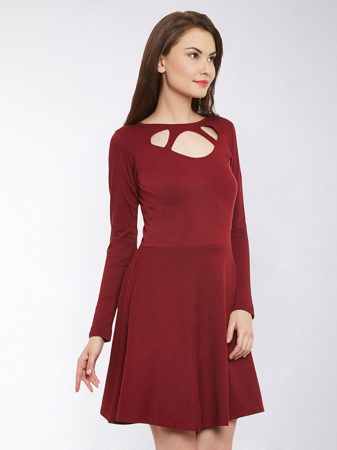 Women's Maroon Solid Full Sleeve Round Neck Mini Skater Dresses