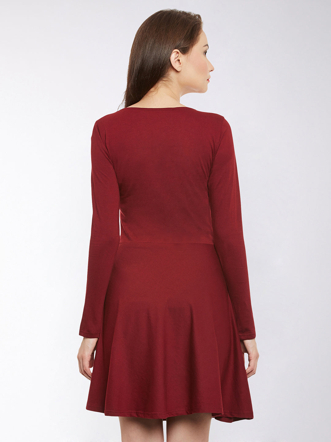 Women's Maroon Solid Full Sleeve Round Neck Mini Skater Dresses