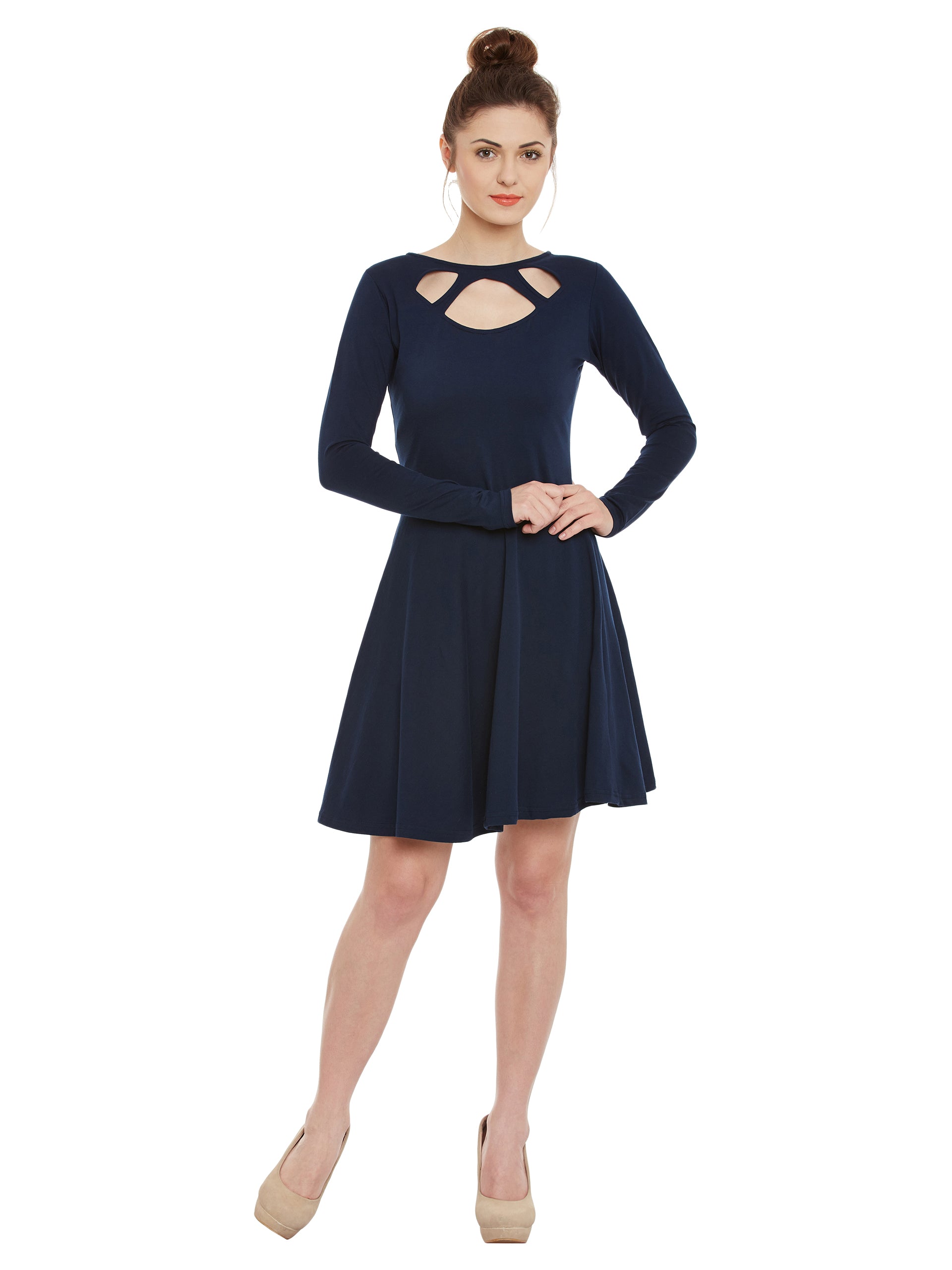 Women's Navy Solid Full Sleeve Round Neck Mini Skater Dresses