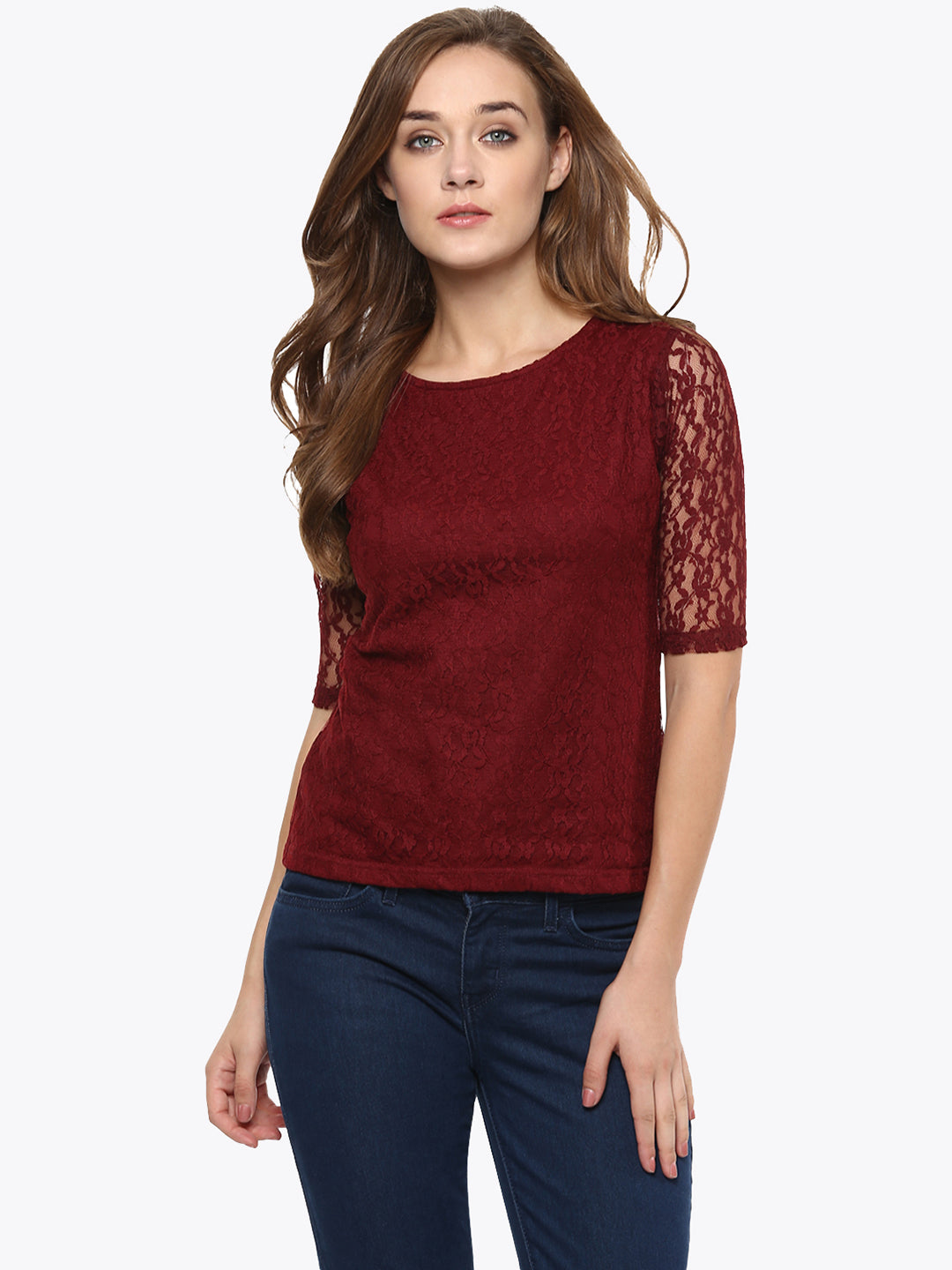 Women's Maroon Round Neck Half Sleeves Basic Lace Crop Top