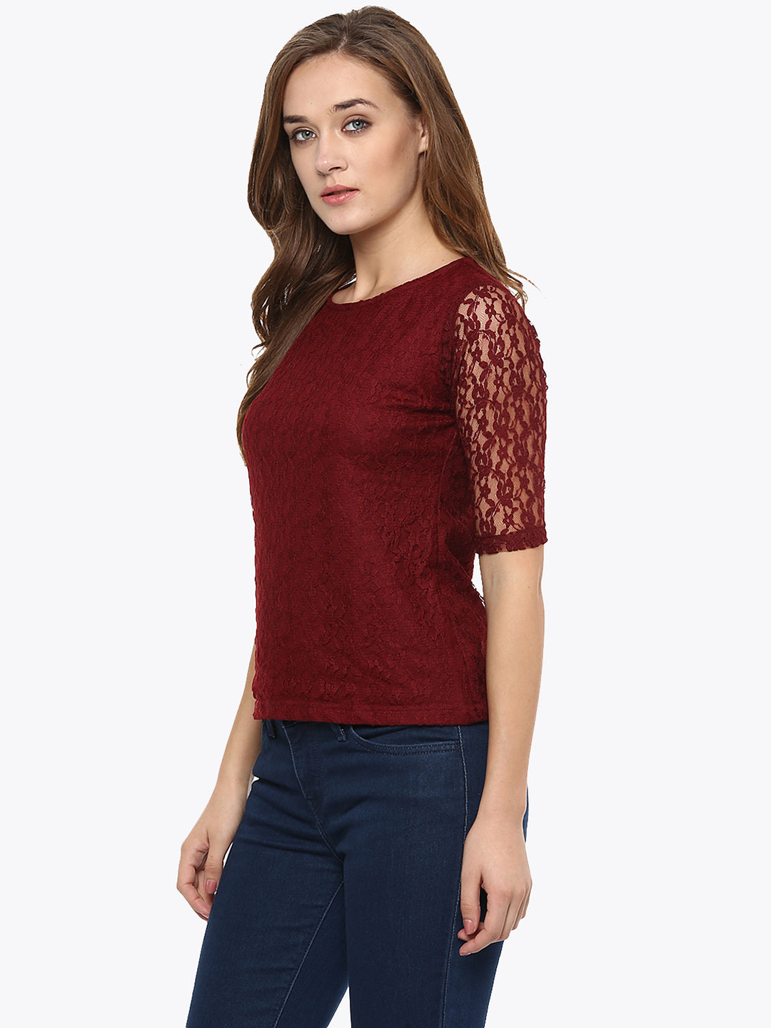 Women's Maroon Round Neck Half Sleeves Basic Lace Crop Top