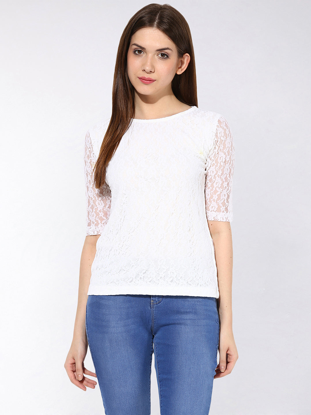 Women's White Round Neck 3/4th Sleeves Lace Top