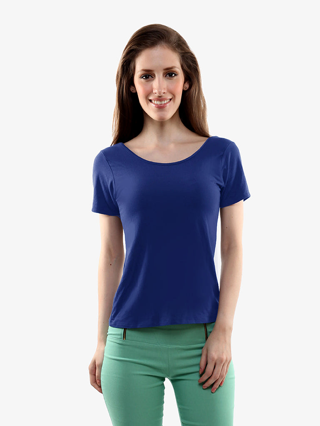 Women's Cobalt Blue Round Neck Short Sleeves Solid Crop Top