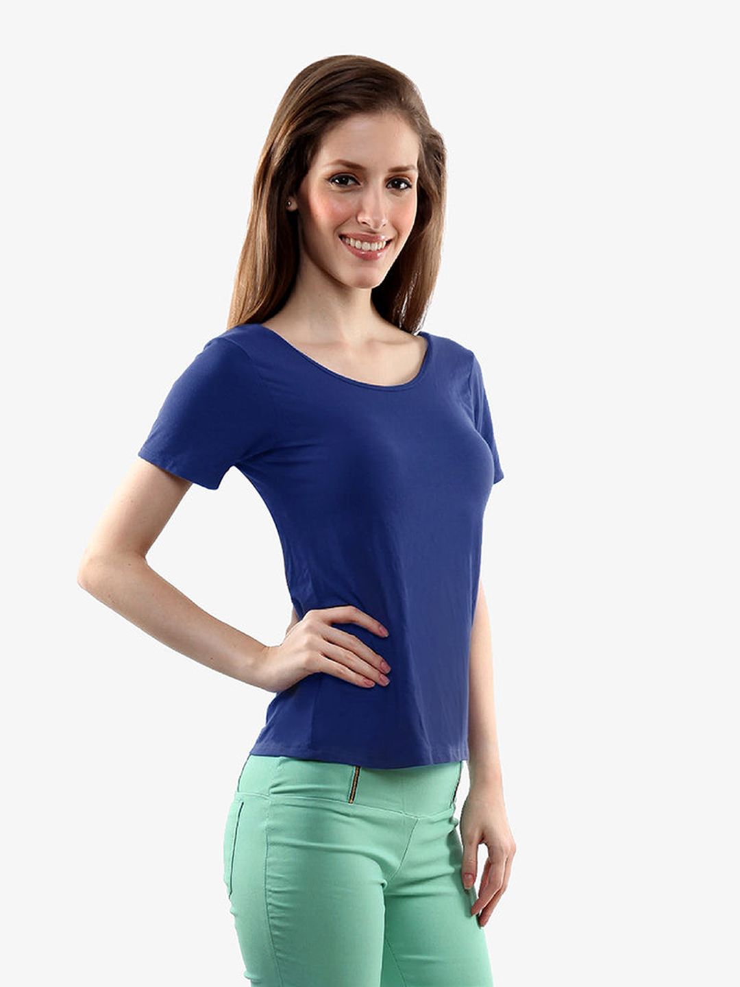 Women's Cobalt Blue Round Neck Short Sleeves Solid Crop Top