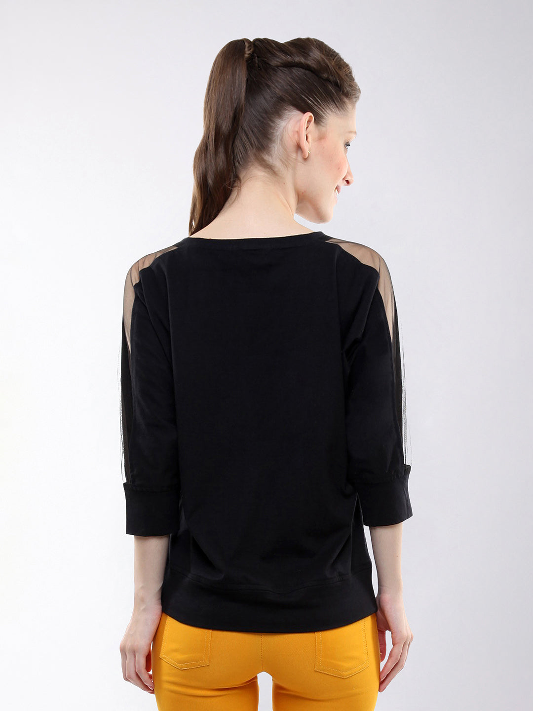 Women's Black Round Neck 3/4 Sleeves Solid Sheer Top