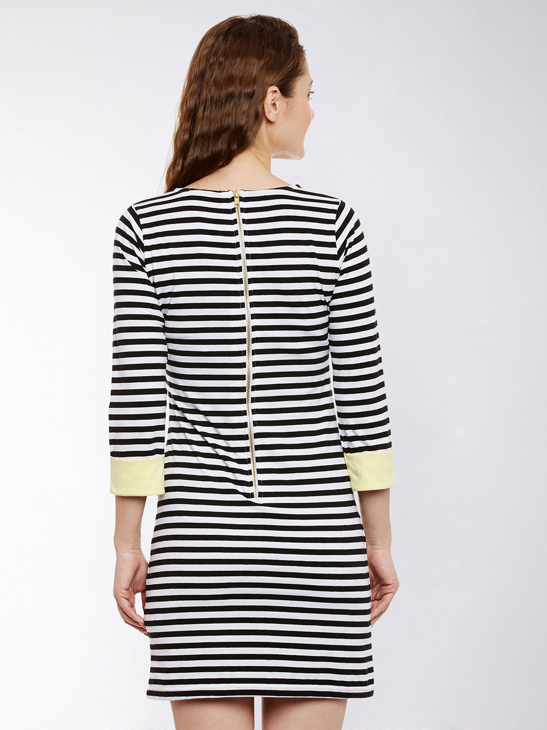 Women's Black & White 3/4 Sleeves Round Neck Mini Striped Shift Dresses