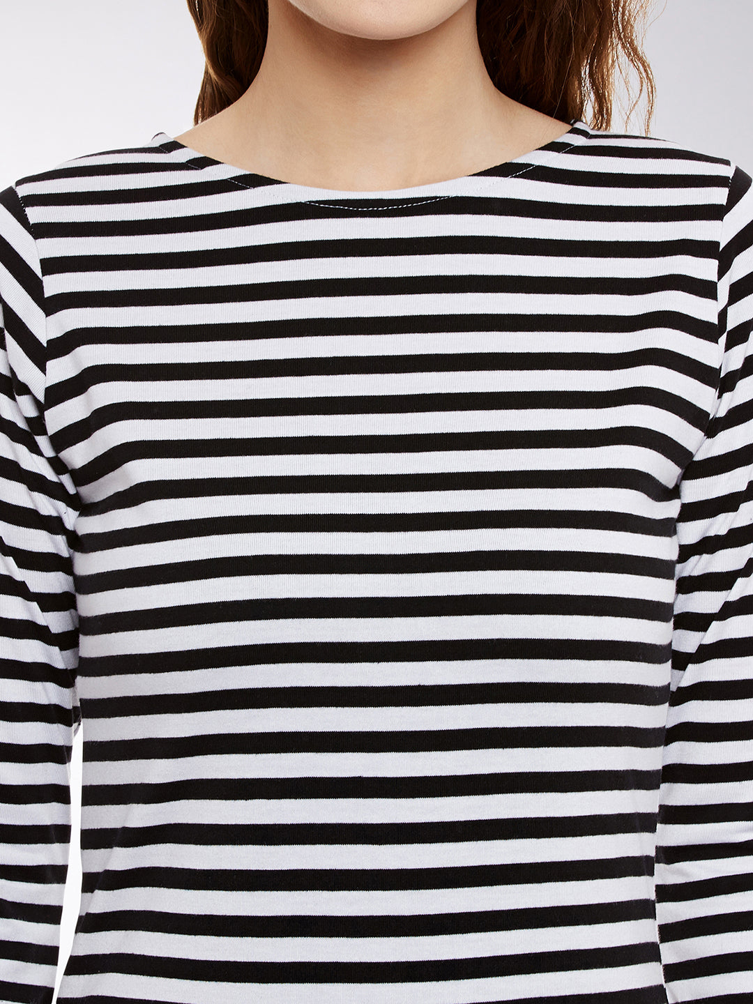 Women's Black & White 3/4 Sleeves Round Neck Mini Striped Shift Dresses