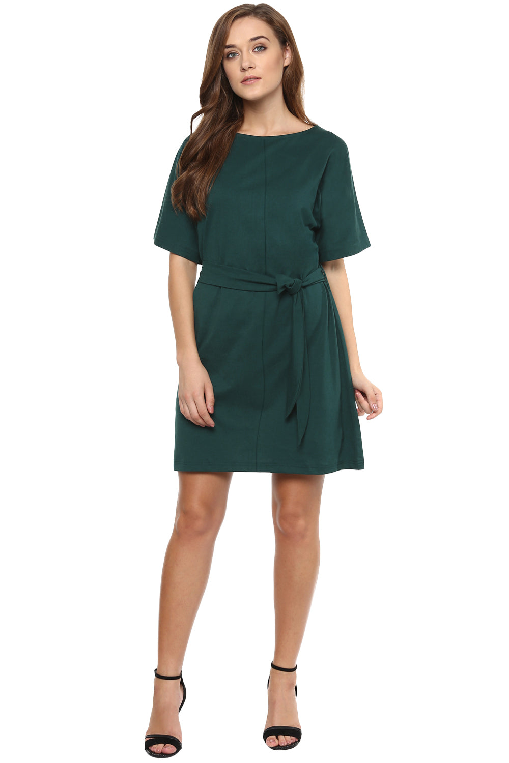 Women's Green Solid Half-Sleeve Round Neck Mini Shift Dresses