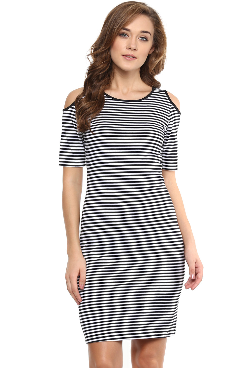 Women's Black & White Shoulder Cut Out Half-Sleeve Round Mini Striped Dresses
