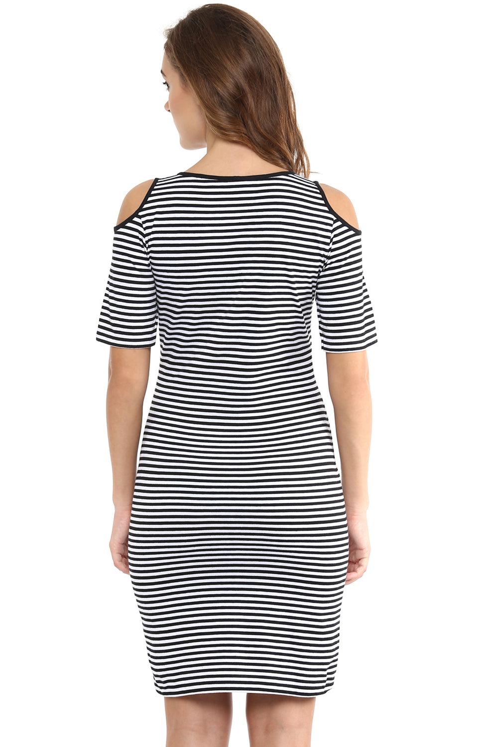 Women's Black & White Shoulder Cut Out Half-Sleeve Round Mini Striped Dresses