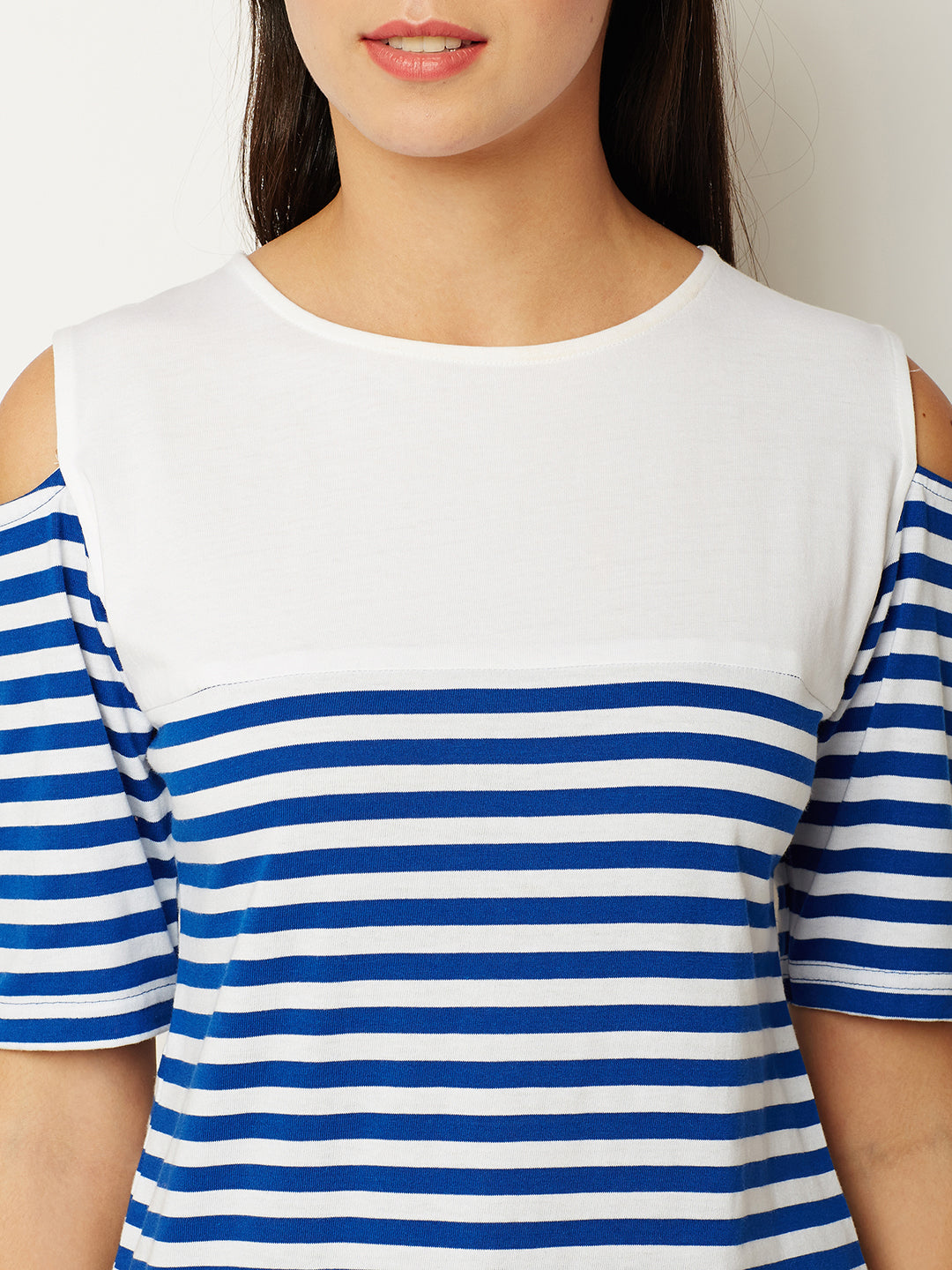 Women's Blue and White Round Neck Half Sleeve Striped Cold Shoulder Top