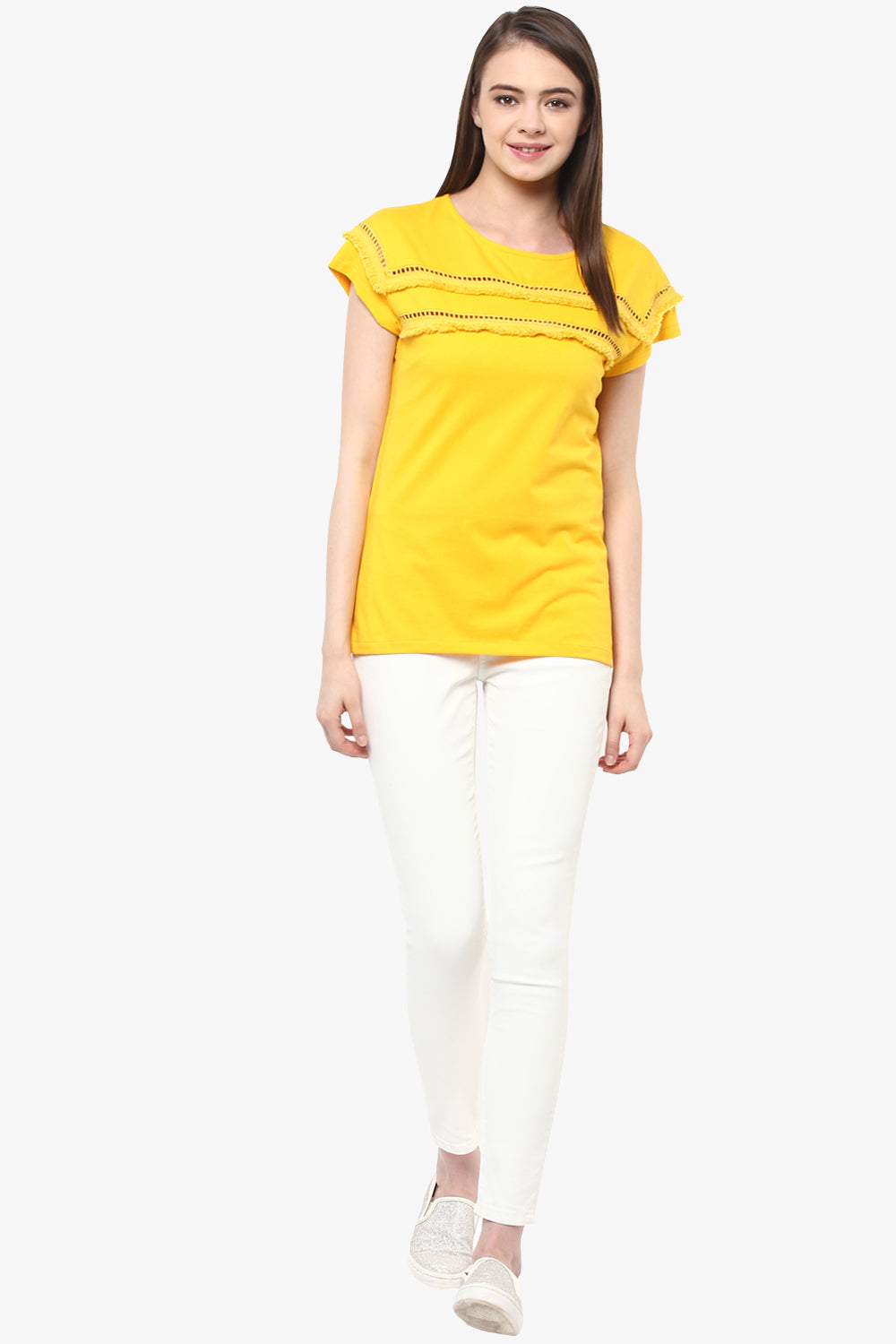 Women's Yellow Continuous Sleeve Round Neck Solid Paneled Top