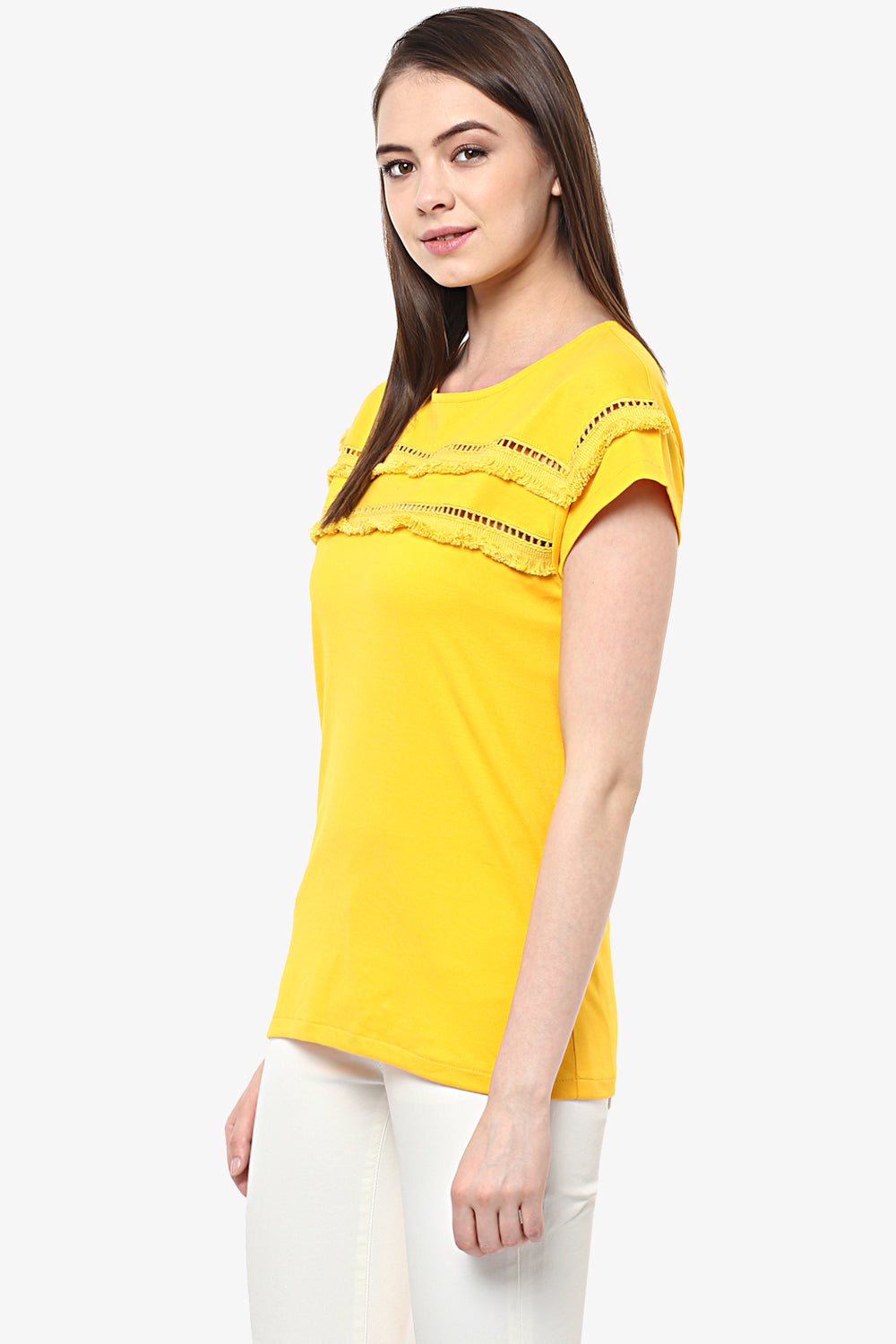 Women's Yellow Continuous Sleeve Round Neck Solid Paneled Top