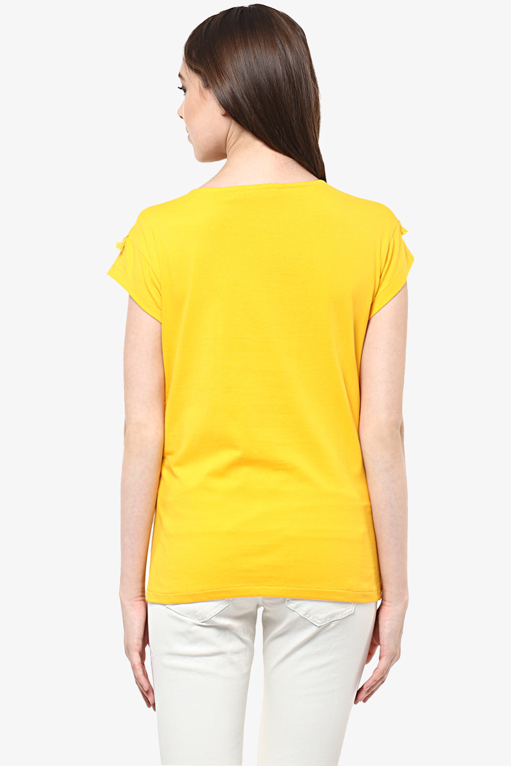 Women's Yellow Continuous Sleeve Round Neck Solid Paneled Top