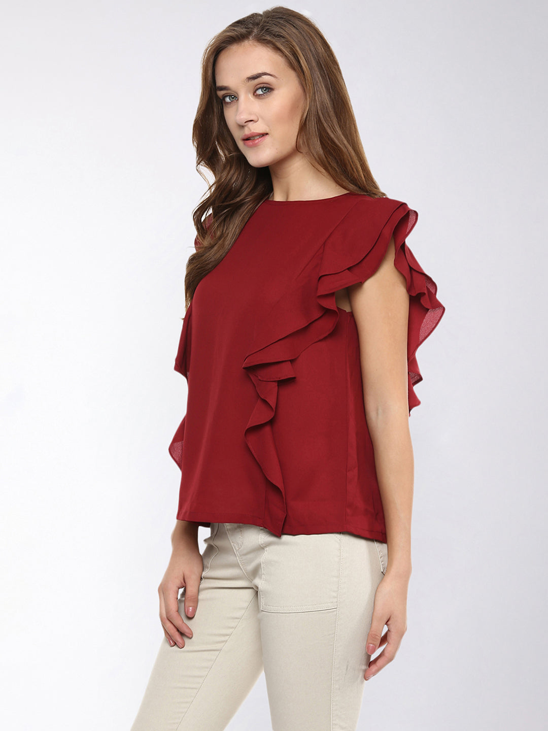 Women's Maroon Solid Sleeveless Round Neck Ruffled Tops