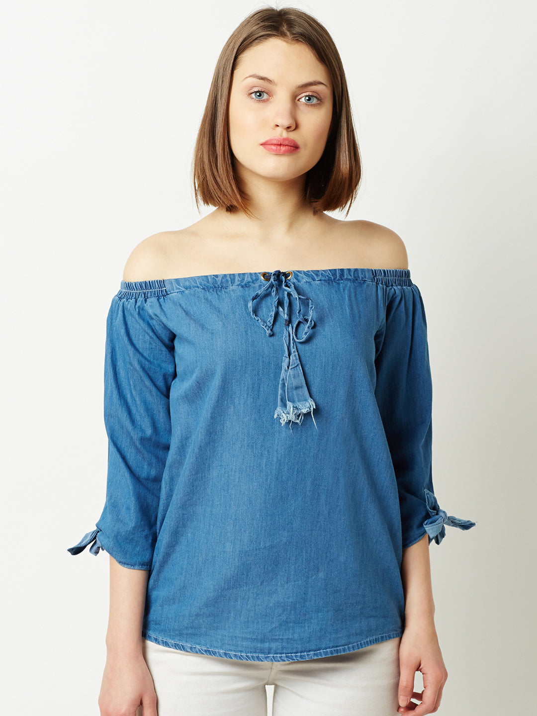 Women's Blue Off-shoulder 3/4 Sleeve Cotton Solid Denim Bardot Top