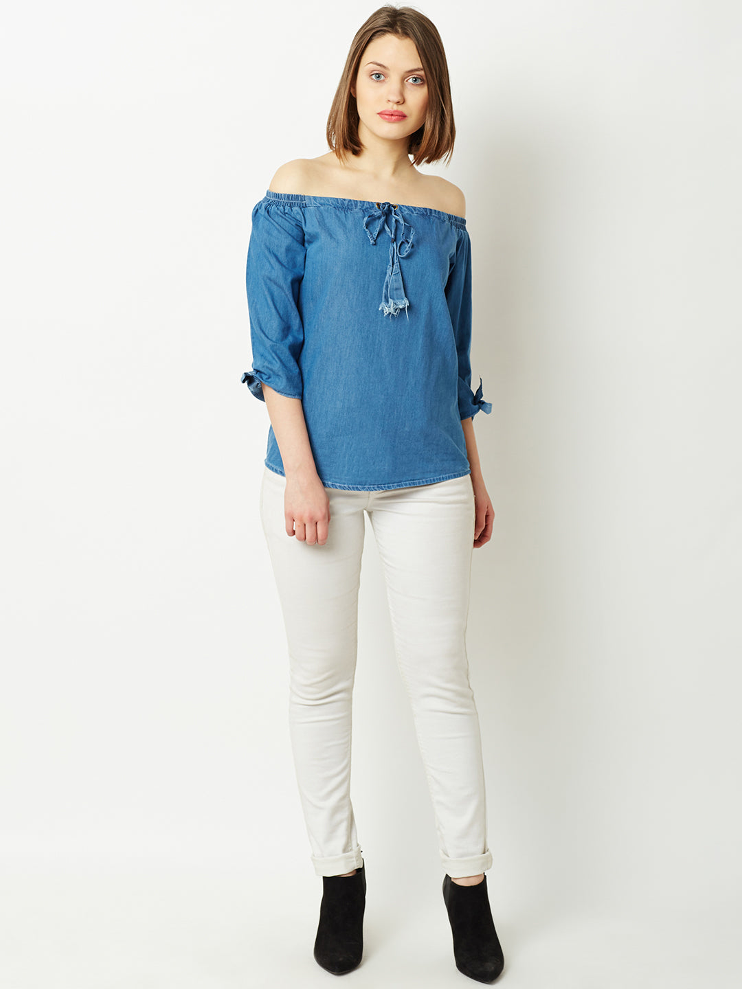 Women's Blue Off-shoulder 3/4 Sleeve Cotton Solid Denim Bardot Top