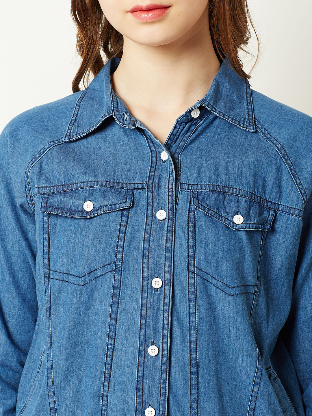 Women's Blue Collared Polo Neck Full Sleeve Solid Buttoned Denim Bomber Jacket