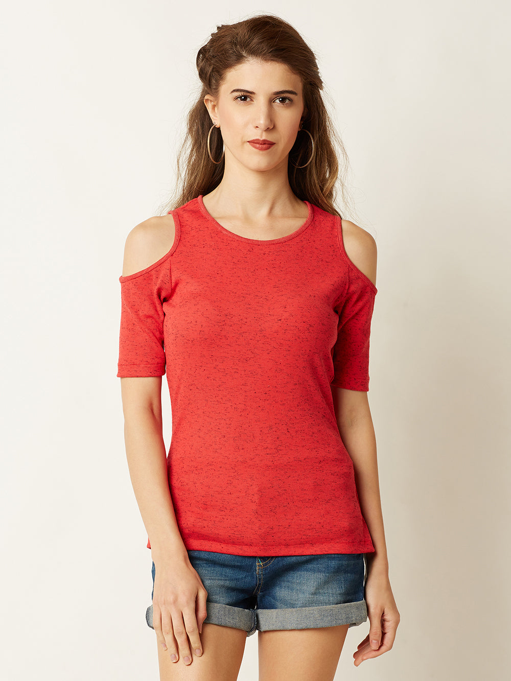 Women's Coral Round Neck Half Sleeve Plain Solid Ribbed Cold Shoulder Textured Top