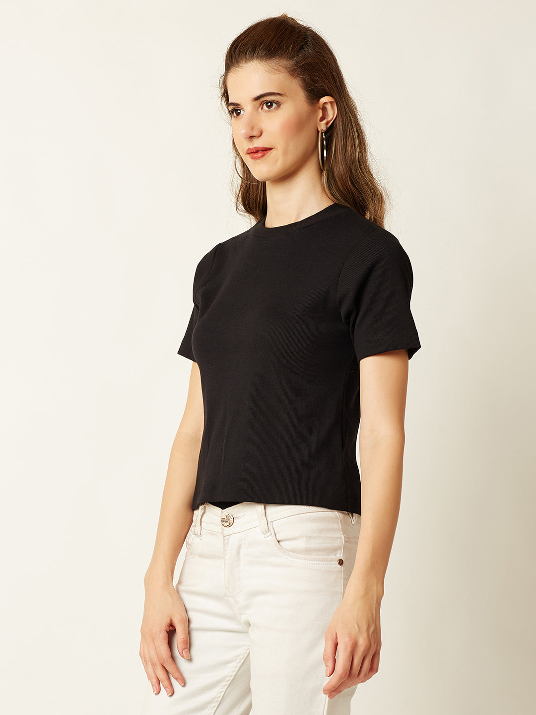 Women's Black Round Neck Short Sleeves Solid Ribbed Top