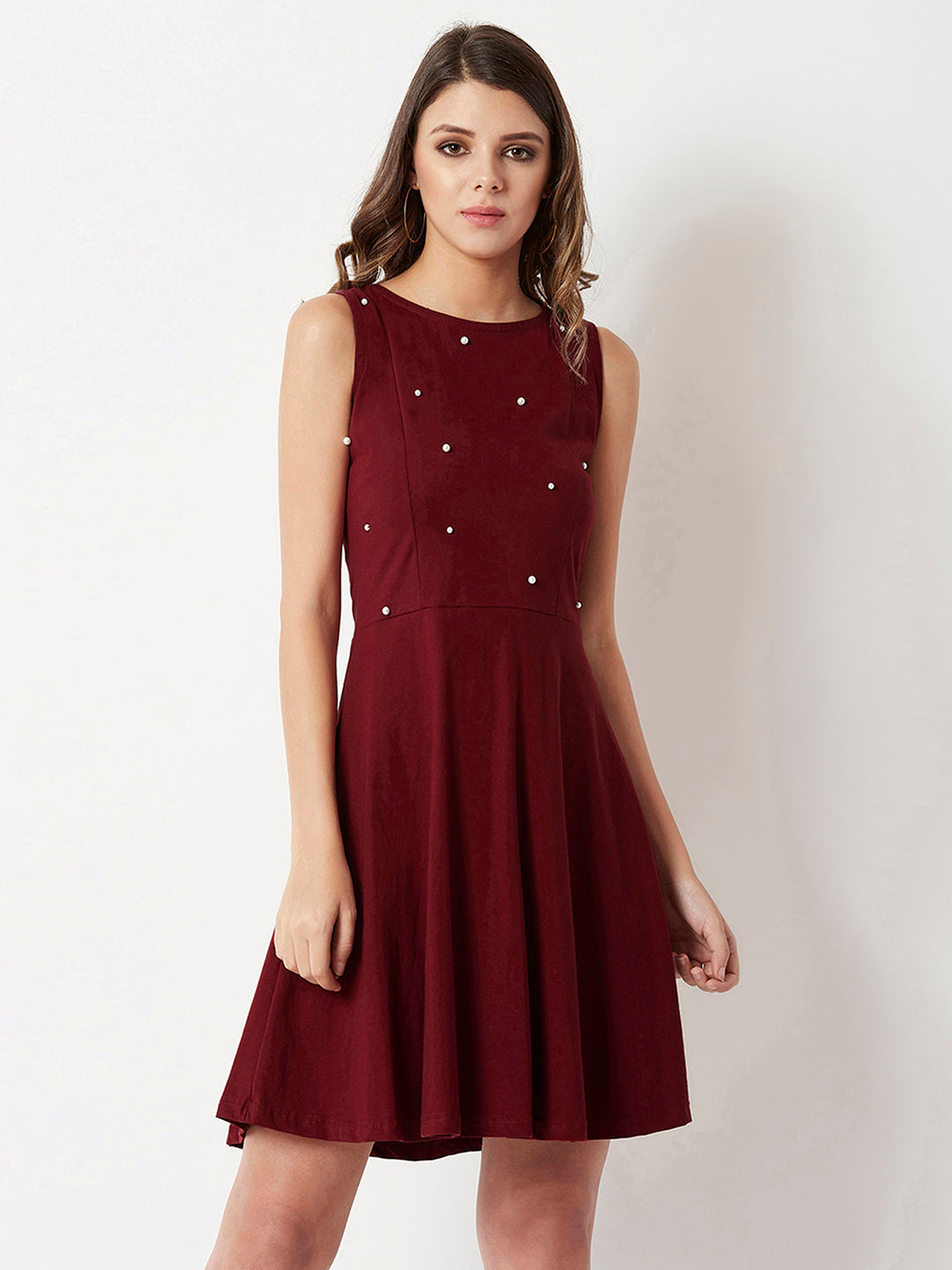 Women's Maroon Round Neck Sleeveless Cotton Solid Pearl Detailing Cut-Out Mini Skater Dress