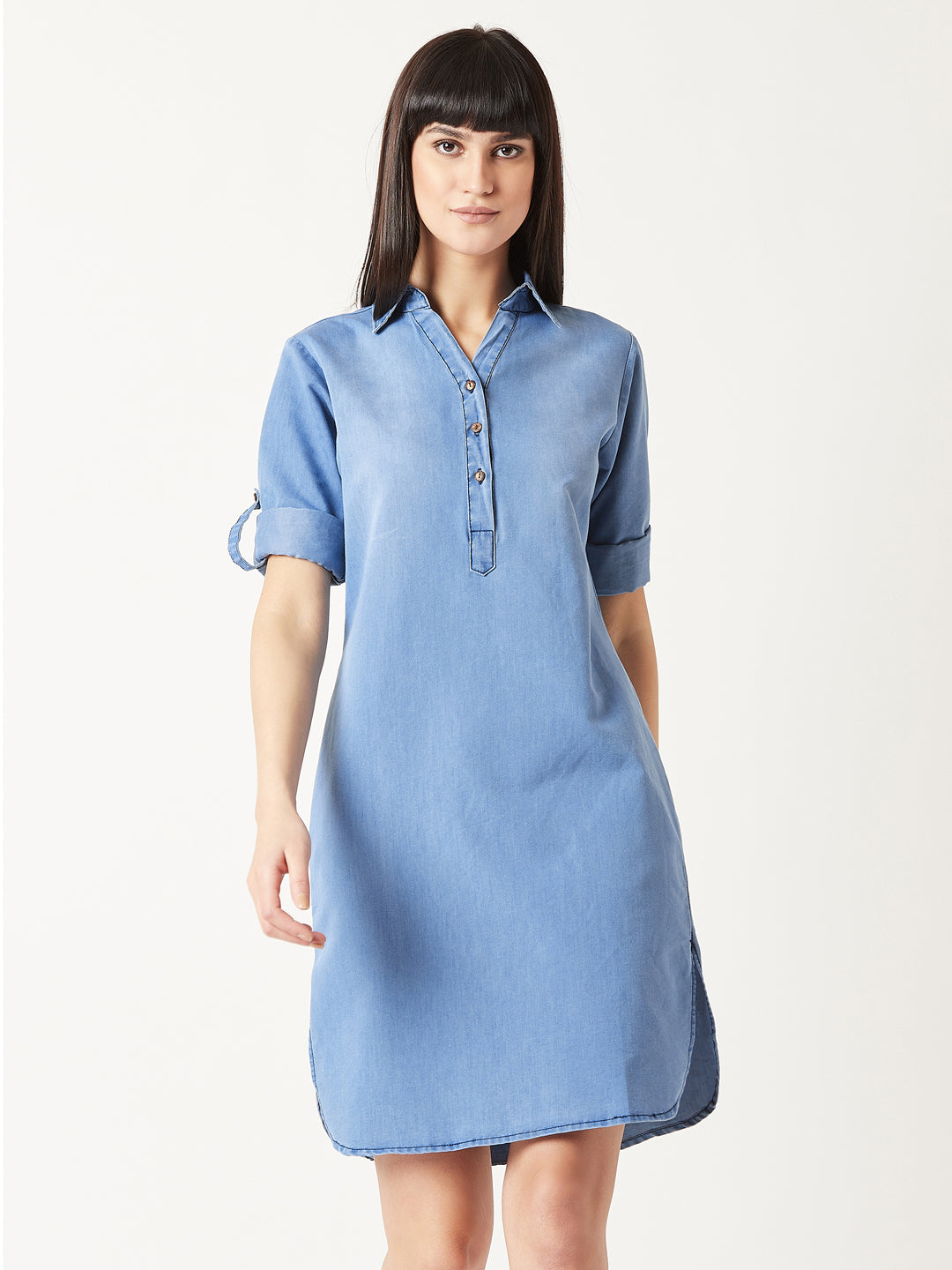 Women's Blue Polo Neck 3/4 Sleeves Solid Knee-Long Buttoned Shift Denim Shirt Dress