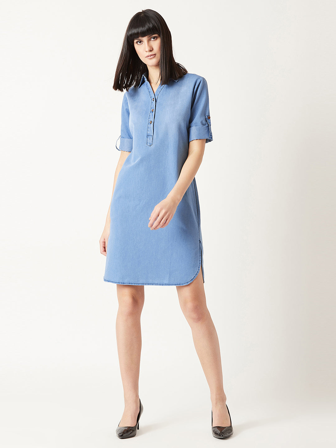 Women's Blue Polo Neck 3/4 Sleeves Solid Knee-Long Buttoned Shift Denim Shirt Dress