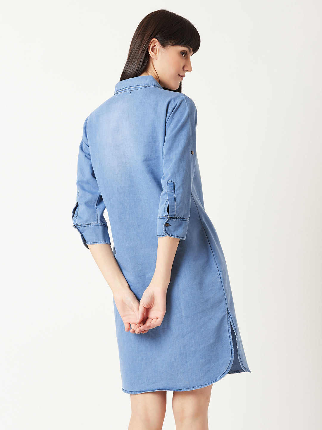 Women's Blue Polo Neck 3/4 Sleeves Solid Knee-Long Buttoned Shift Denim Shirt Dress