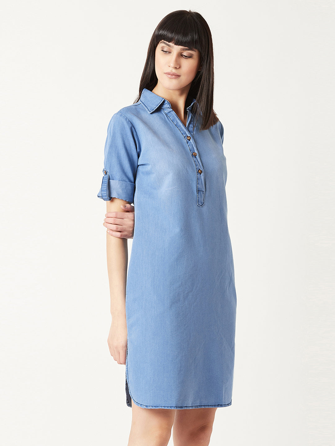 Women's Blue Polo Neck 3/4 Sleeves Solid Knee-Long Buttoned Shift Denim Shirt Dress