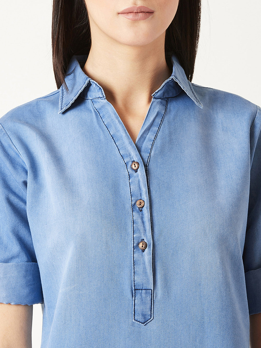 Women's Blue Polo Neck 3/4 Sleeves Solid Knee-Long Buttoned Shift Denim Shirt Dress