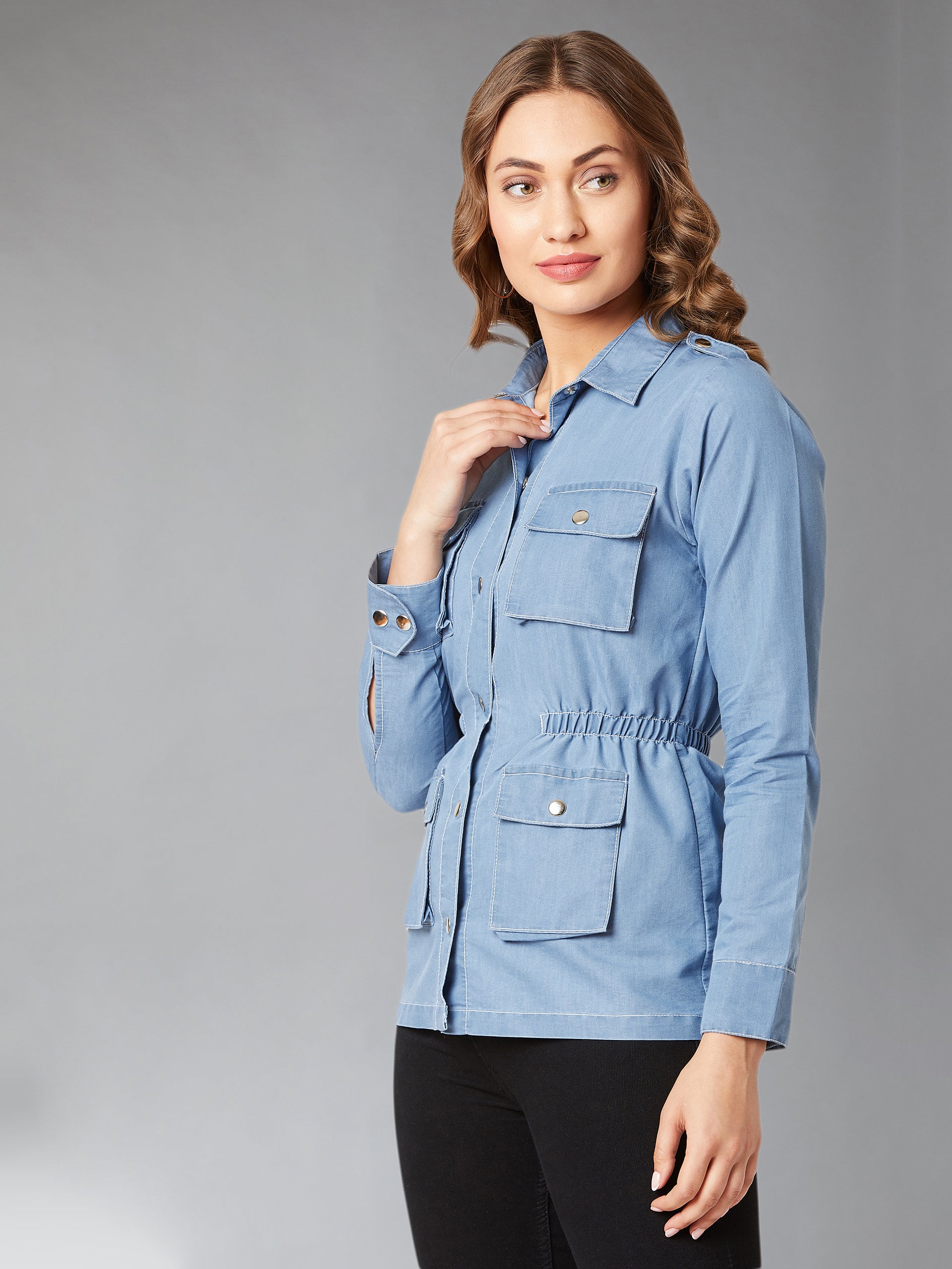 Women's Light Blue Polo Neck Full Sleeves Denim Solid Regular Length Jacket