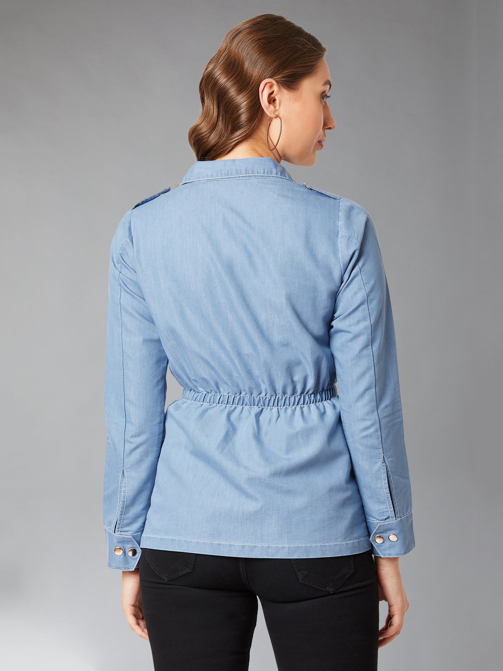 Women's Light Blue Polo Neck Full Sleeves Denim Solid Regular Length Jacket