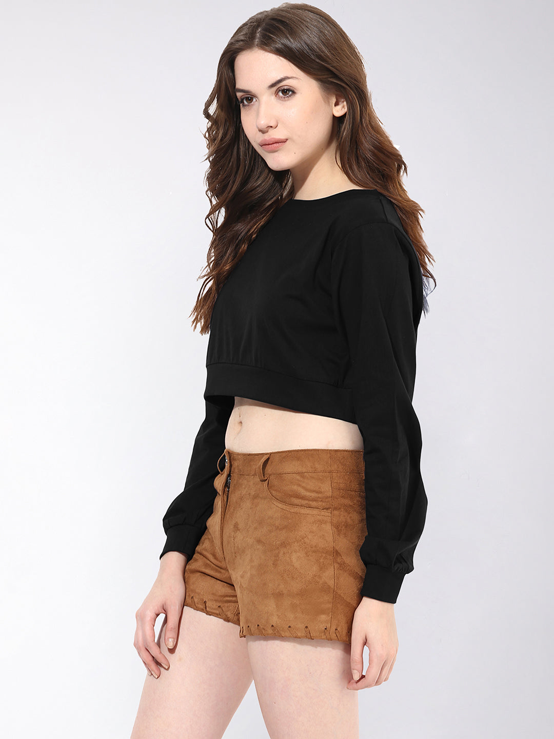 Women's Black Round Neck Full Sleeves Oversized Boxy Crop Top