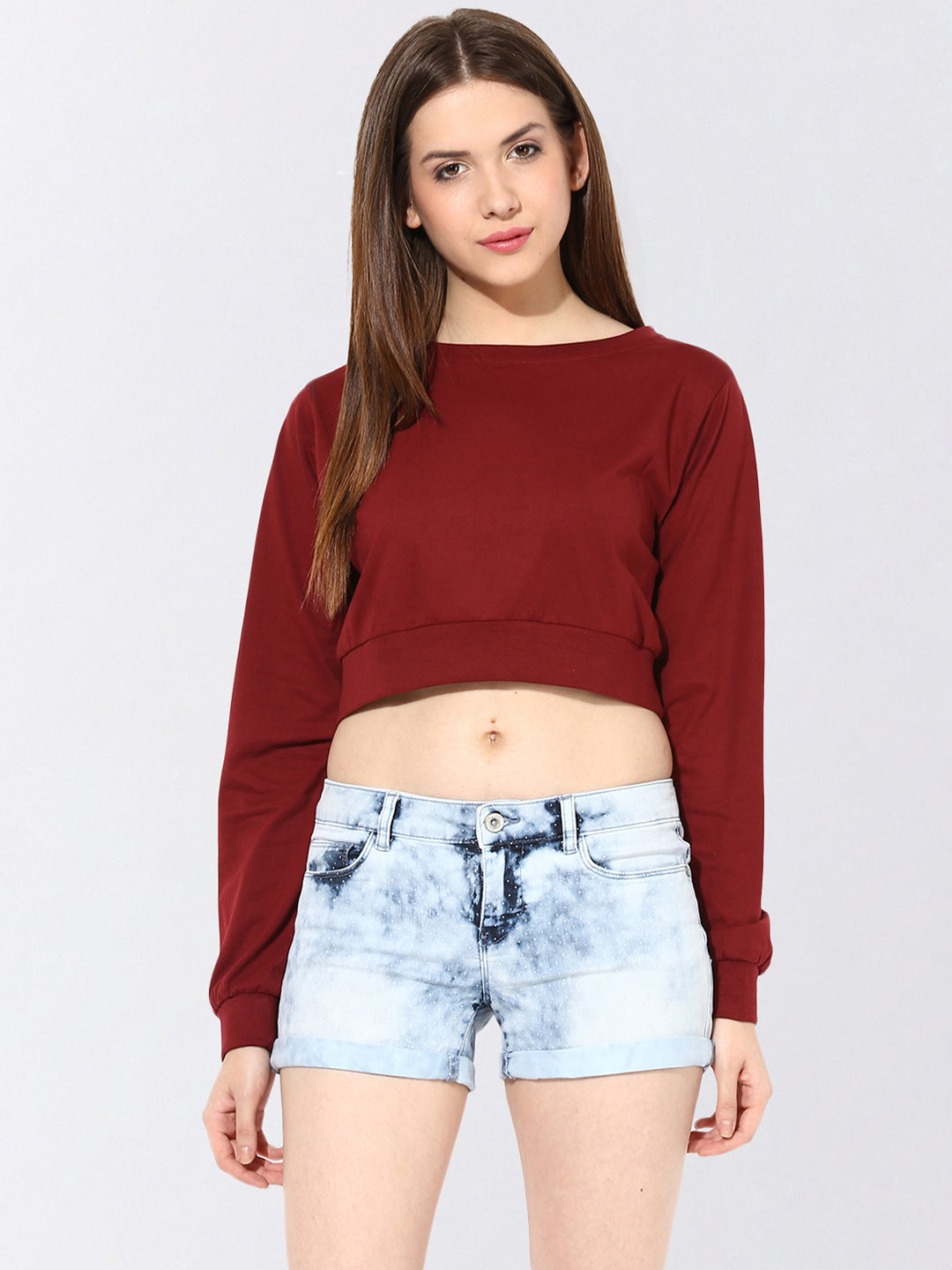 Women's Maroon Round Neck Full Sleeves Solid Crop Top