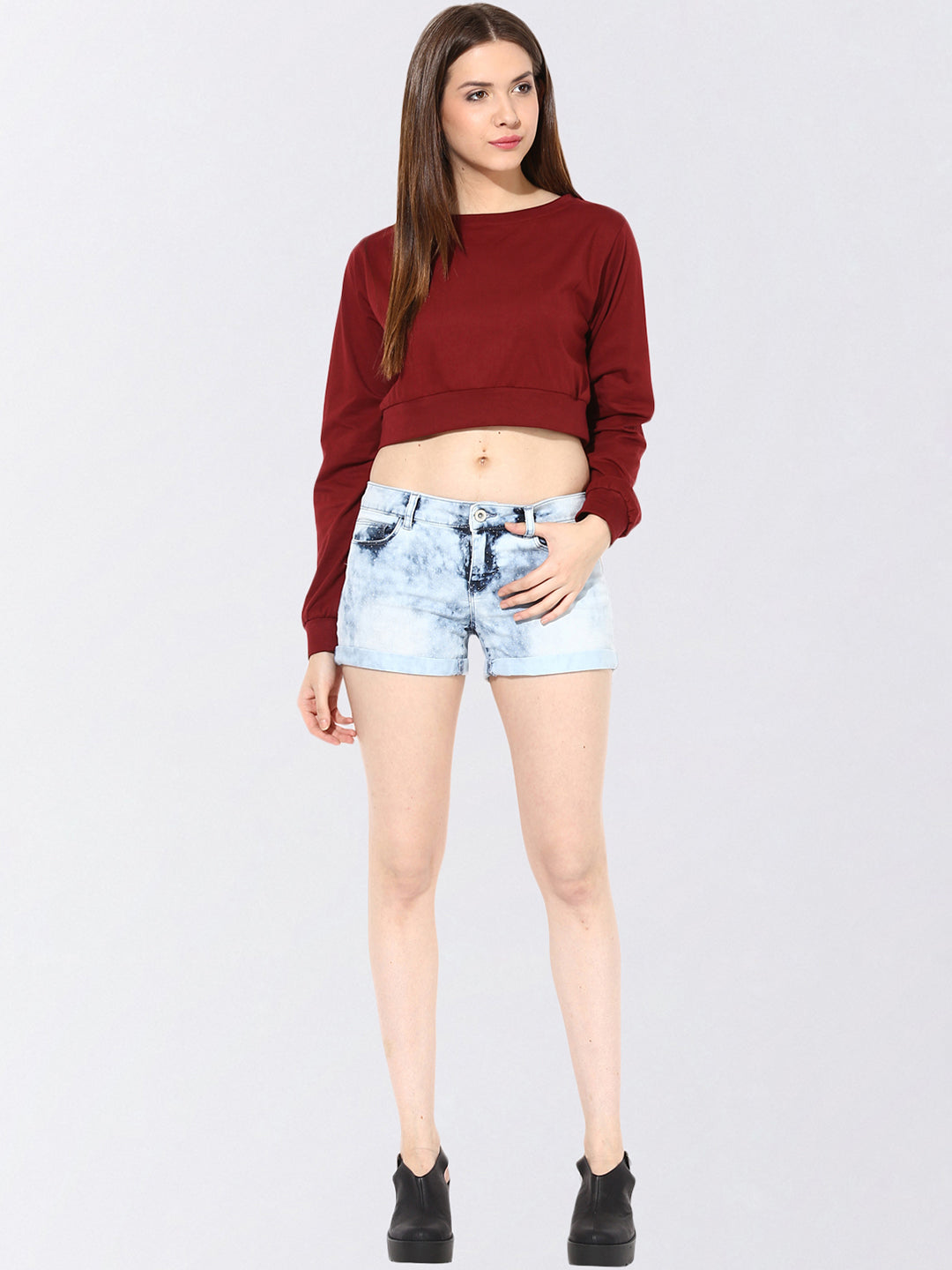 Women's Maroon Round Neck Full Sleeves Solid Crop Top