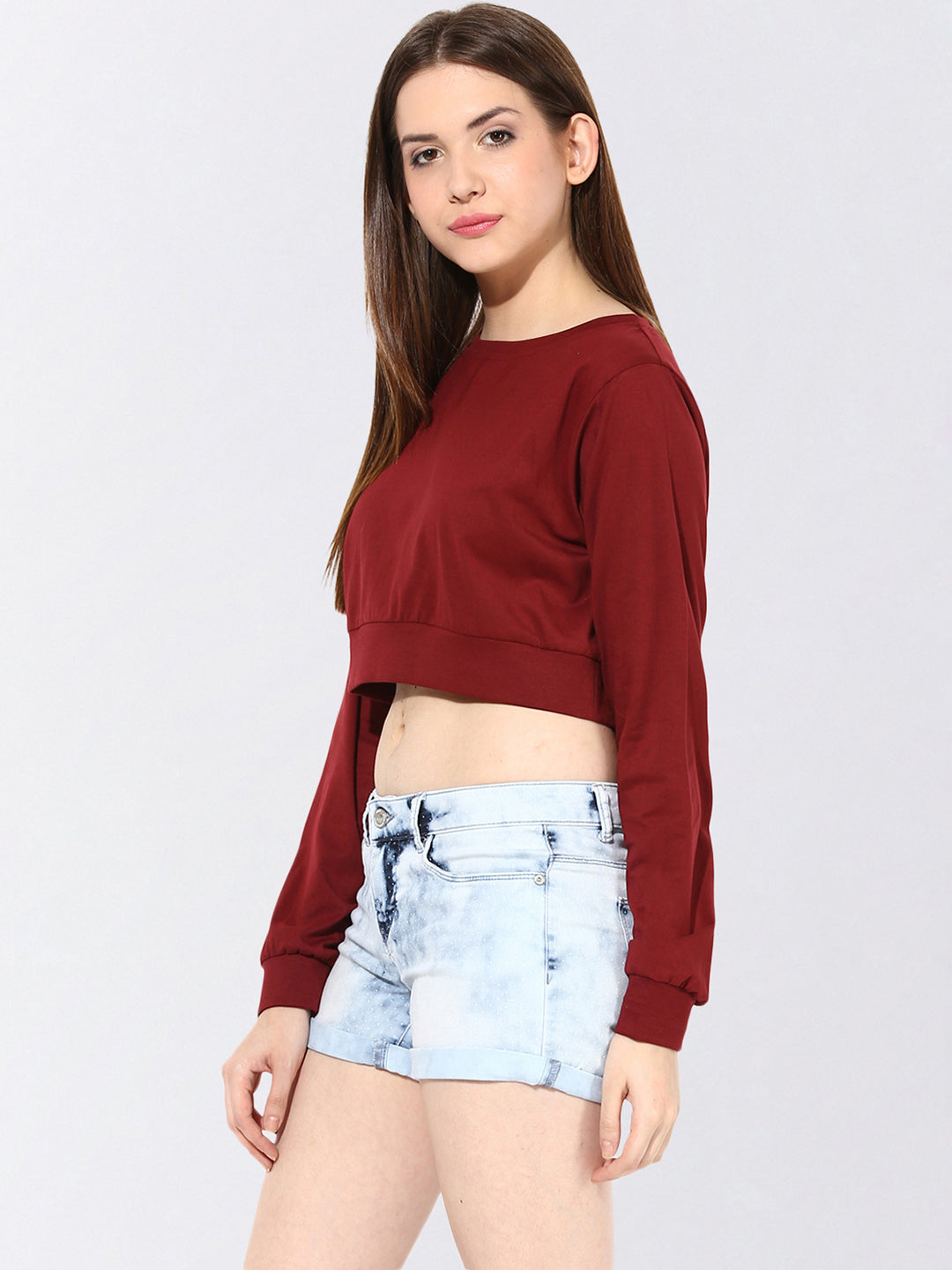 Women's Maroon Round Neck Full Sleeves Solid Crop Top