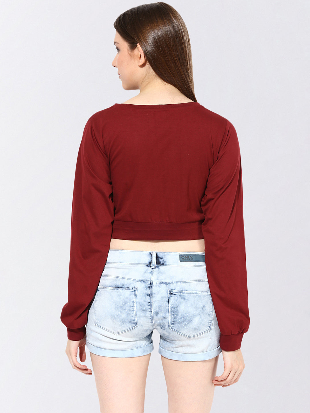 Women's Maroon Round Neck Full Sleeves Solid Crop Top