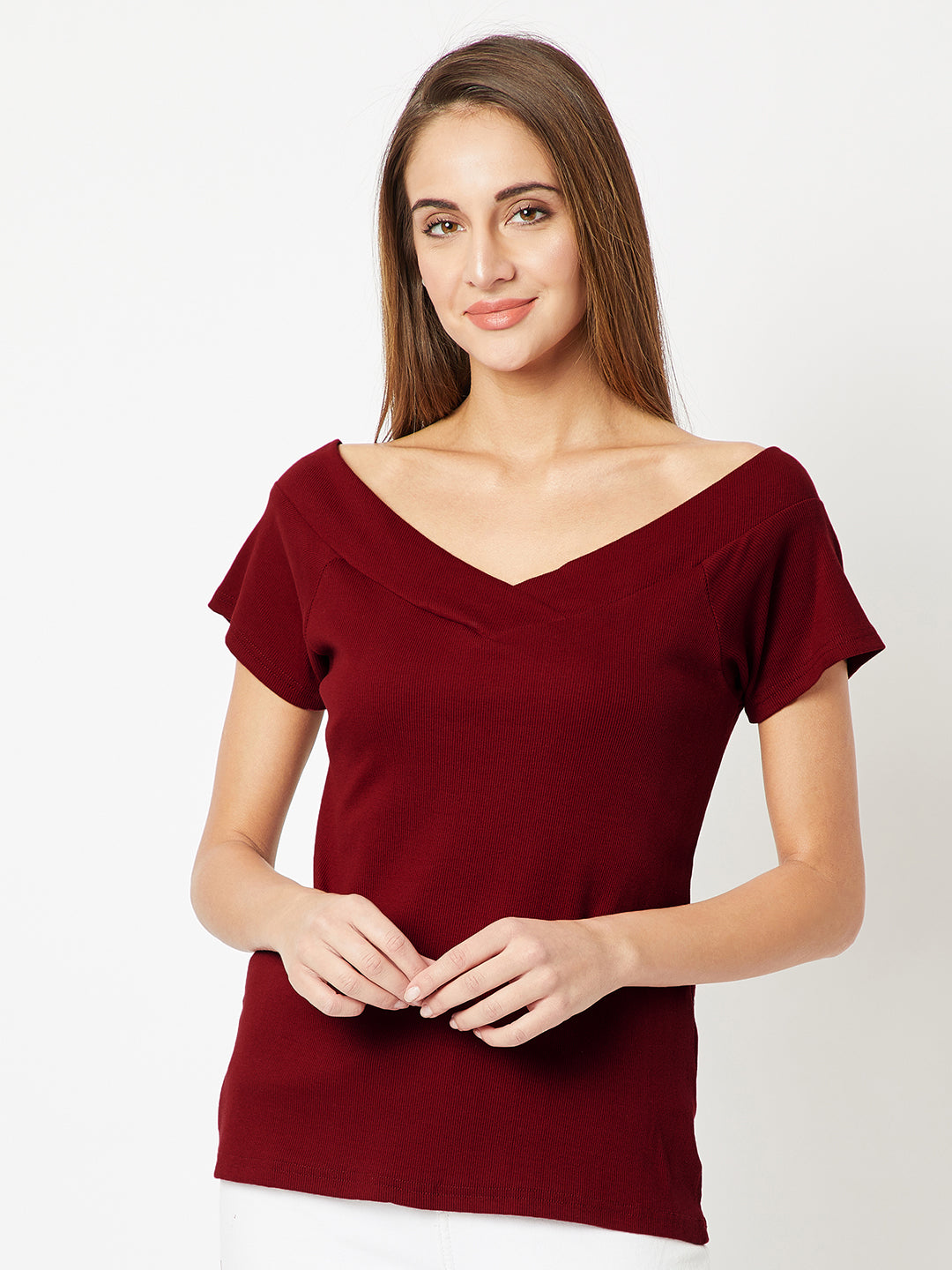 Women's Maroon V Neck Short Sleeve Solid Top