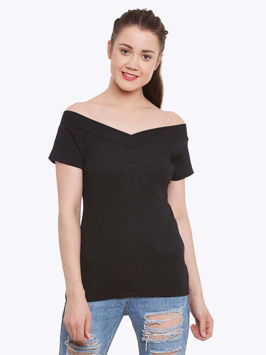 Women's Black V-Neck Short Sleeve Solid Top