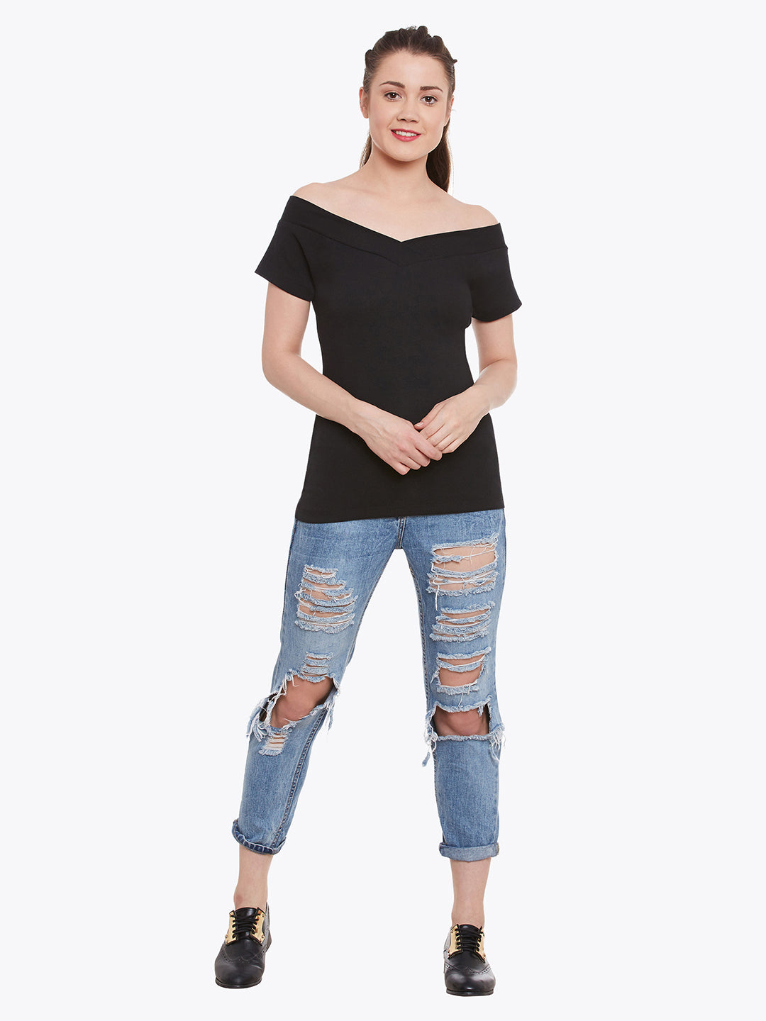 Women's Black V-Neck Short Sleeve Solid Top